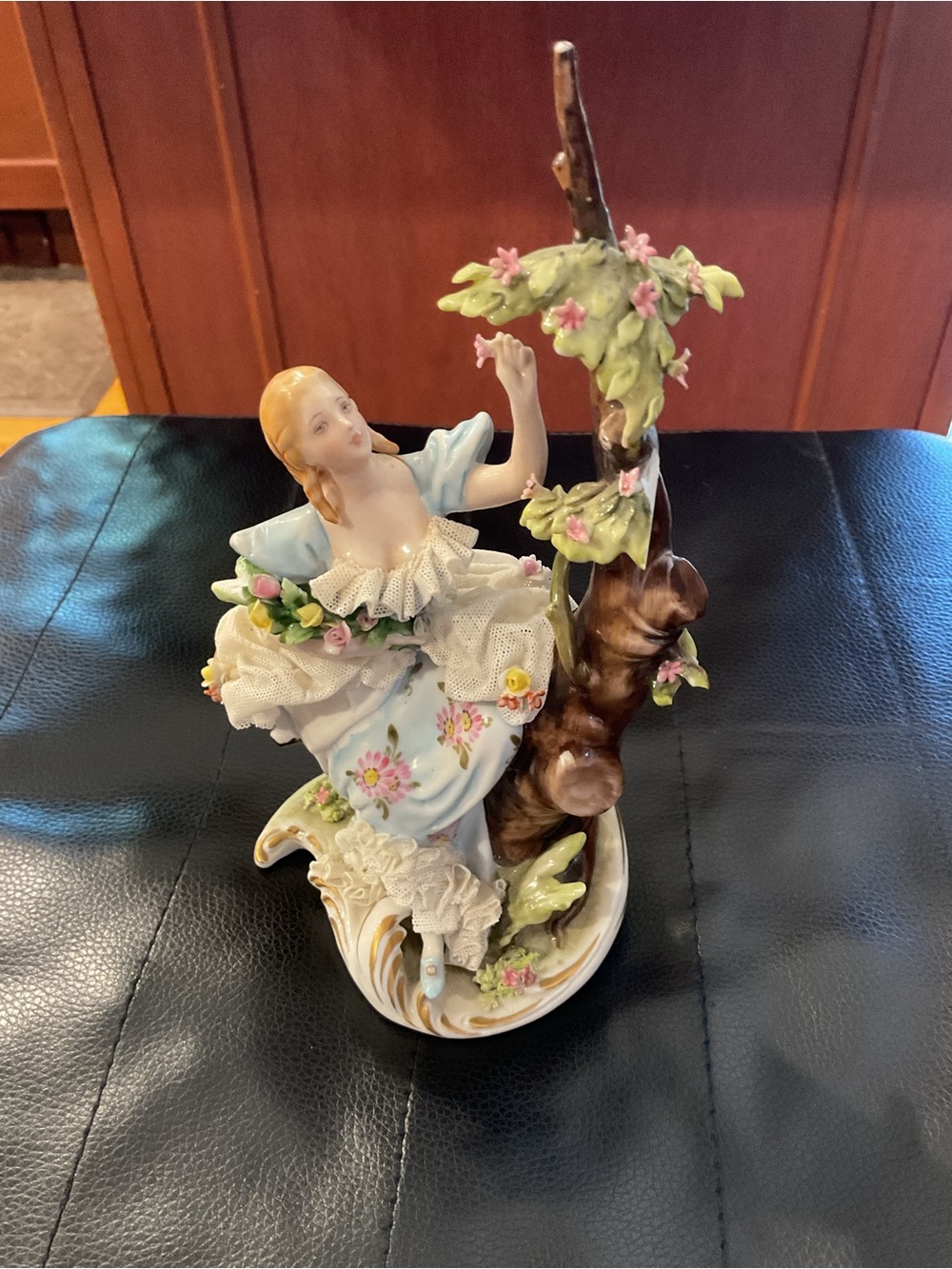 Beautiful Vintage Capodimonte Style Porcelain Figurine Girl Tree Floral Dress.